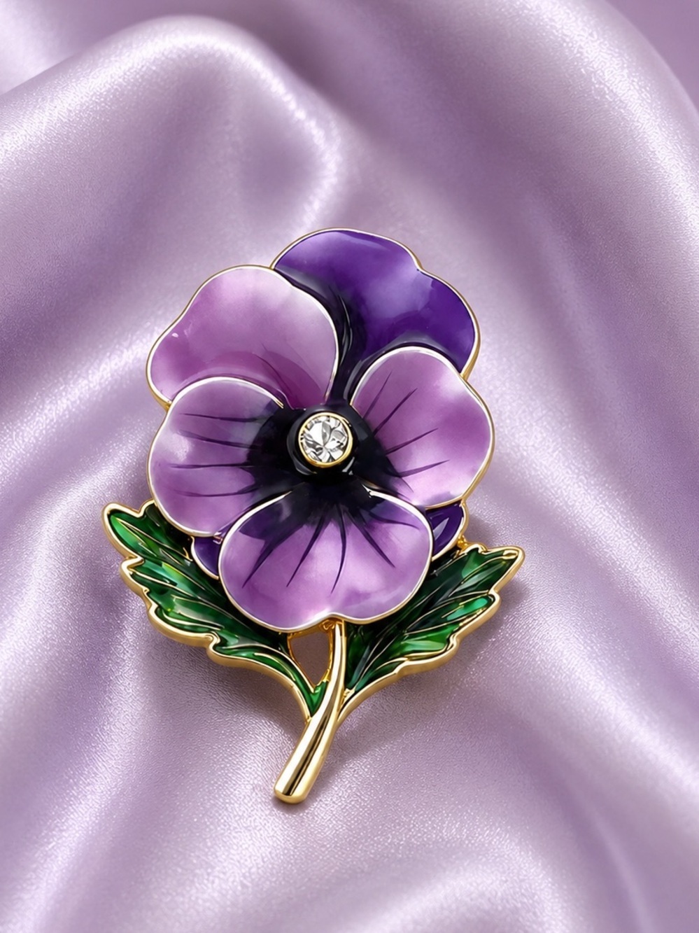 Purple Pansy Flower Gold Brooch